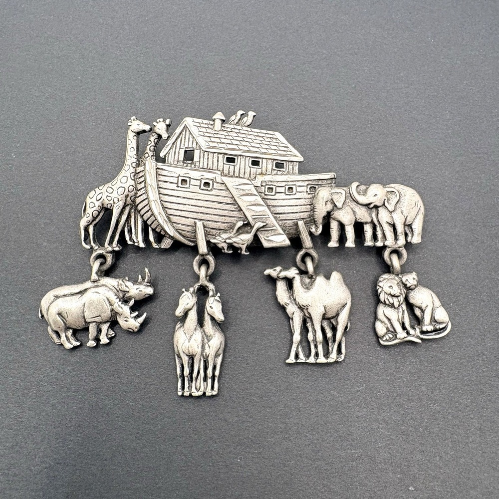 Vintage JJ Jonette Pewter Noah's Ark‎ Dangling Animal Charms Brooch Lapel Pin